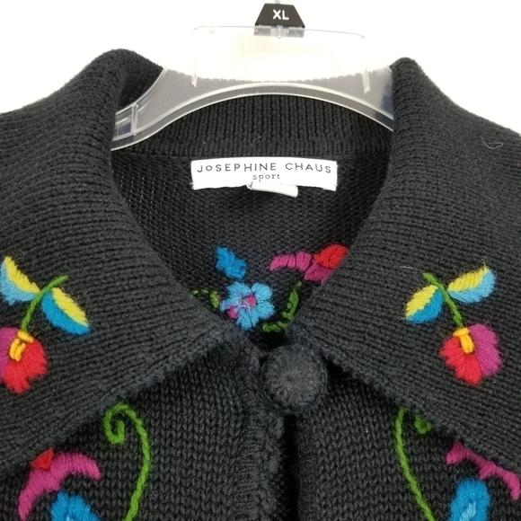 Cardigan Sweater Collar Embroidered Floral Covered Button Long Black Size Large - Picture 2 of 10